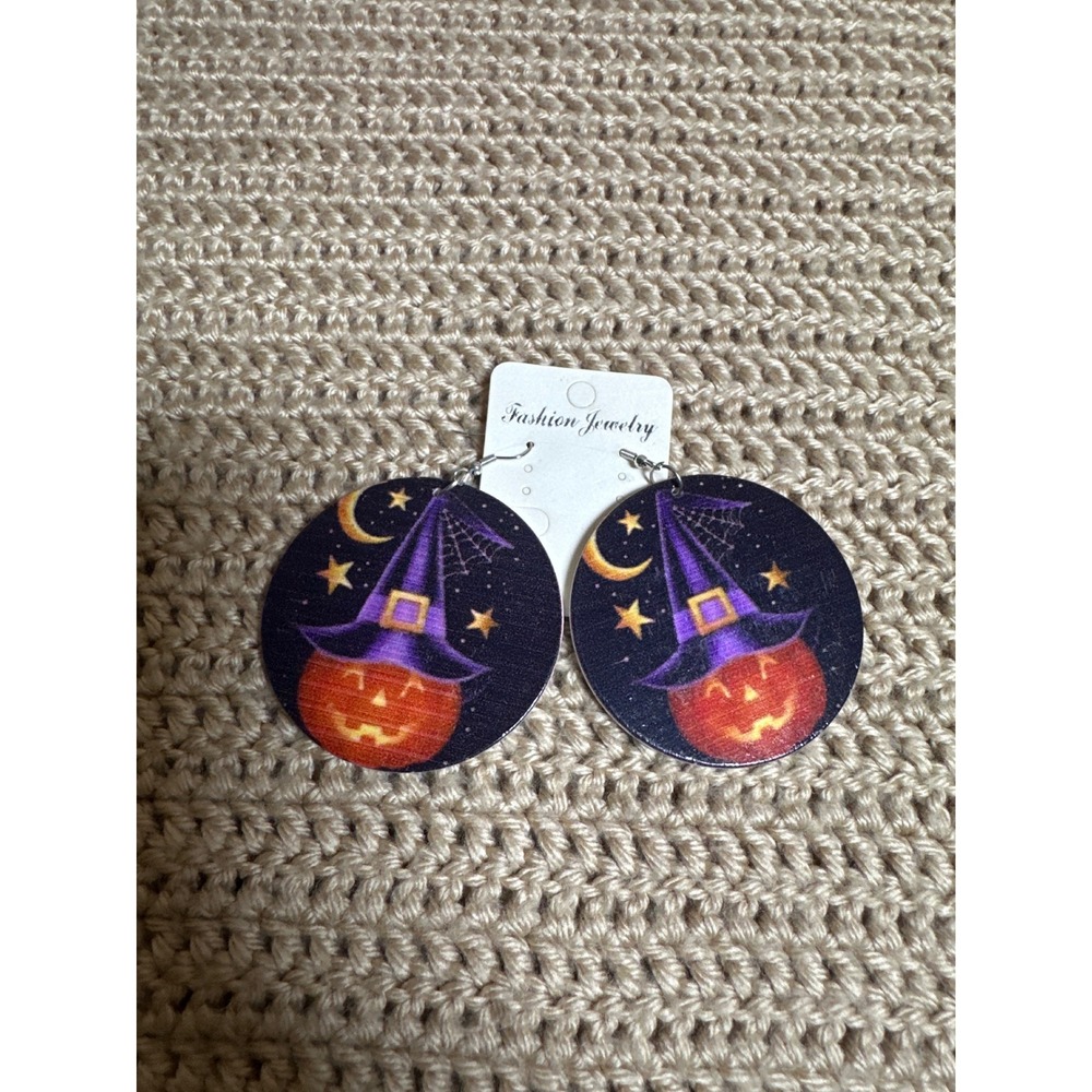 Halloween Jack-O-Lantern Witch Hat Wood Drop Earrings Purple Orange Black Star